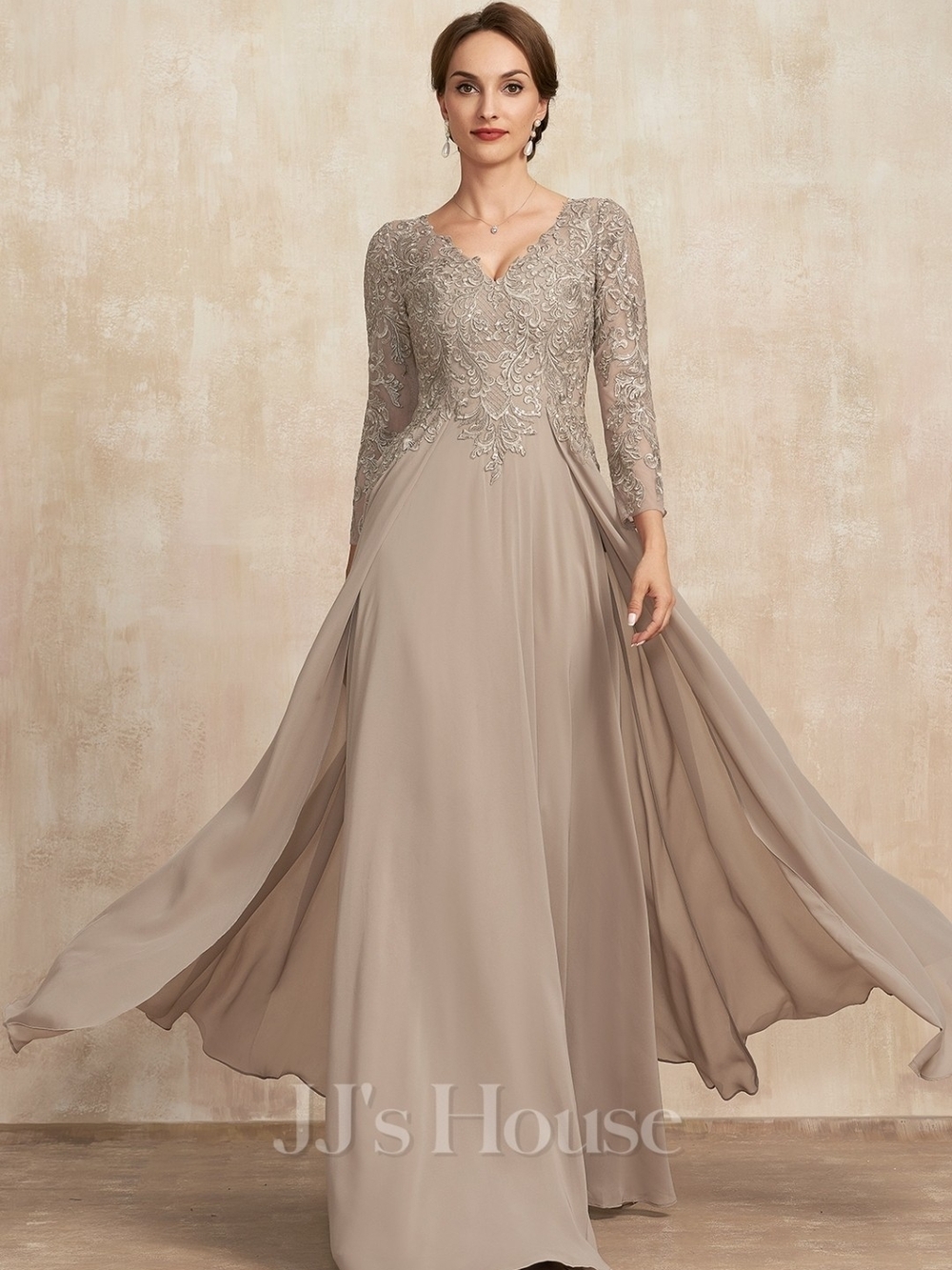 JJs House Taupe Lace-Embroidered Long Sleeve Chiffon A-Line Dress